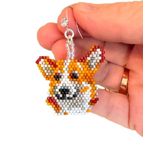Beaded Welsh Corgi face earrings with CZ earring hooks - Corgi mom gift - Picture 4 of 4